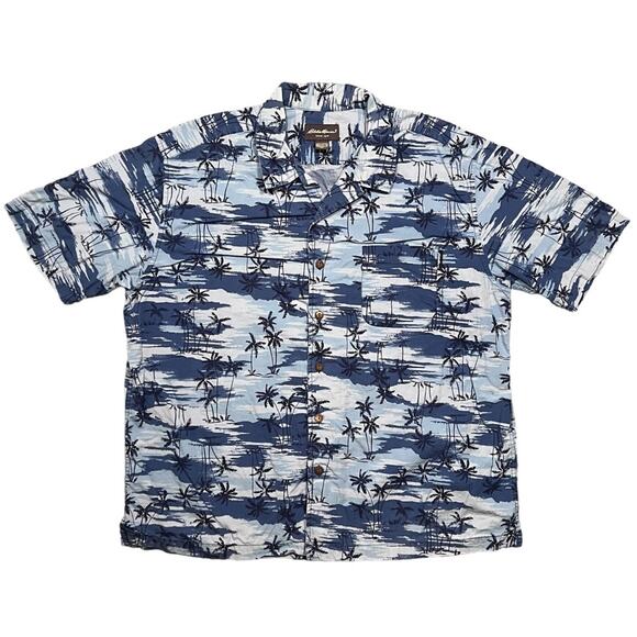 Eddie Bauer Palm Trees Sky Blue Hawaiian Short Sleeve Button Shirt Mens Size XL - Picture 1 of 6